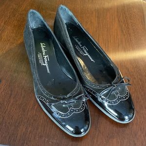 Salvatore Ferragamo Black Suede Patent Spectator Flats
